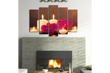 Stor Canvastavla i 5 delar 105x70 cm - Lugnande komposition med tända ljus och orkidéer - Vit / Rosa / Grå - Inredning - Tavlor & posters - Canvastavla