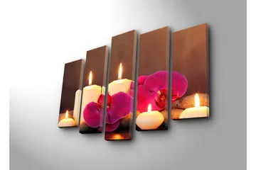 Stor Canvastavla i 5 delar 105x70 cm - Lugnande komposition med tända ljus och orkidéer - Vit / Rosa / Grå - Inredning - Tavlor & posters - Canvastavla