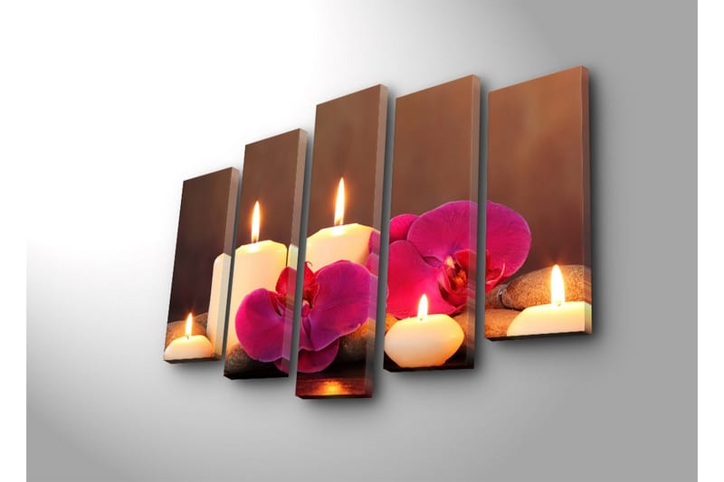 Stor Canvastavla i 5 delar 105x70 cm - Lugnande komposition med tända ljus och orkidéer - Vit / Rosa / Grå - Inredning - Tavlor & posters - Canvastavla