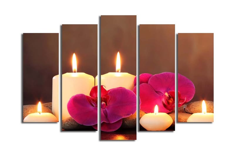 Stor Canvastavla i 5 delar 105x70 cm - Lugnande komposition med tända ljus och orkidéer - Vit / Rosa / Grå - Inredning - Tavlor & posters - Canvastavla