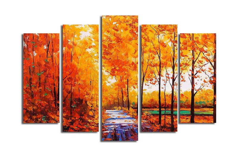 Stor Canvastavla i 5 delar 105x70 cm - Lummig skog med höstfärger och en stig - Orange / Gult / Grönt - Inredning - Tavlor & posters - Canvastavla
