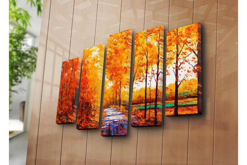 Stor Canvastavla i 5 delar 105x70 cm - Lummig skog med höstfärger och en stig - Orange / Gult / Grönt - Inredning - Tavlor & posters - Canvastavla