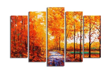 Stor Canvastavla i 5 delar 105x70 cm - Lummig skog med höstfärger och en stig - Orange / Gult / Grönt - Inredning - Tavlor & posters - Canvastavla
