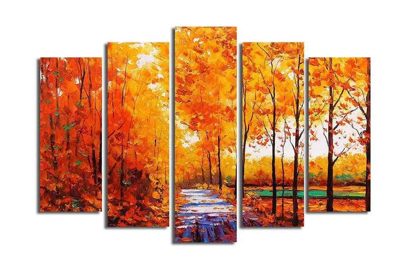 Stor Canvastavla i 5 delar 105x70 cm - Lummig skog med höstfärger och en stig - Orange / Gult / Grönt - Inredning - Tavlor & posters - Canvastavla
