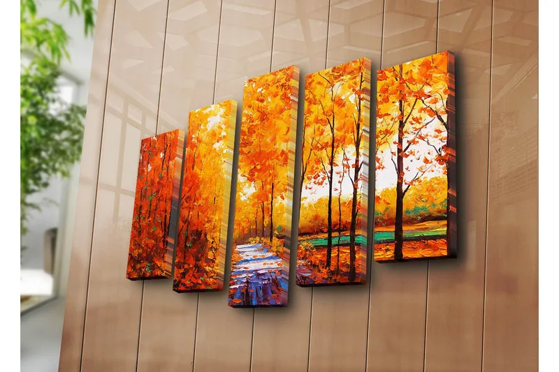 Stor Canvastavla i 5 delar 105x70 cm - Lummig skog med höstfärger och en stig - Orange / Gult / Grönt - Inredning - Tavlor & posters - Canvastavla