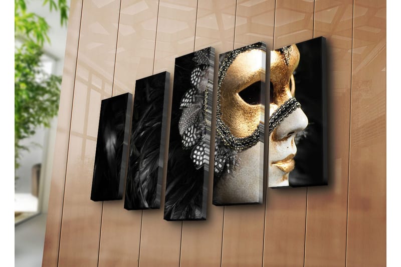Stor Canvastavla i 5 delar 105x70 cm - Mask med detaljer i guld och svart fjäderdräkt - Guld / Svart - Inredning - Tavlor & posters - Canvastavla