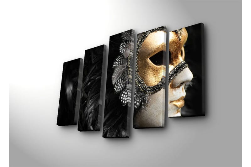 Stor Canvastavla i 5 delar 105x70 cm - Mask med detaljer i guld och svart fjäderdräkt - Guld / Svart - Inredning - Tavlor & posters - Canvastavla