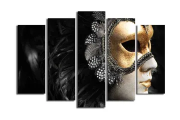 Stor Canvastavla i 5 delar 105x70 cm - Mask med detaljer i guld och svart fjäderdräkt - Guld / Svart - Inredning - Tavlor & posters - Canvastavla