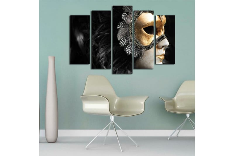 Stor Canvastavla i 5 delar 105x70 cm - Mask med detaljer i guld och svart fjäderdräkt - Guld / Svart - Inredning - Tavlor & posters - Canvastavla