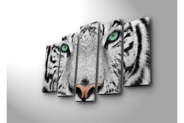 Stor Canvastavla i 5 delar 105x70 cm - Närbild av en vit tiger med intensiva ögon - Vit / Svart / Grön - Inredning - Tavlor & posters - Canvastavla