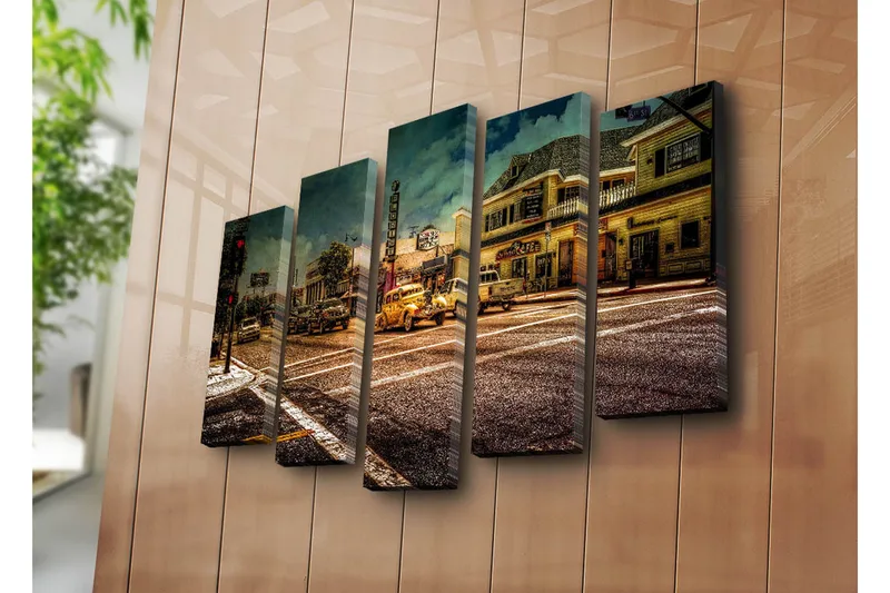 Stor Canvastavla i 5 delar 105x70 cm - Nostalgisk stadsbild med klassiska bilar och livlig gatubild - Gult / Brunt / Grått - Inredning - Tavlor & posters - Canvastavla