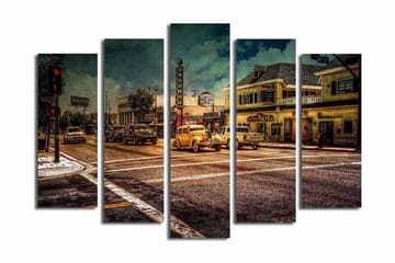 Stor Canvastavla i 5 delar 105x70 cm - Nostalgisk stadsbild med klassiska bilar och livlig gatubild - Gult / Brunt / Grått - Inredning - Tavlor & posters - Canvastavla