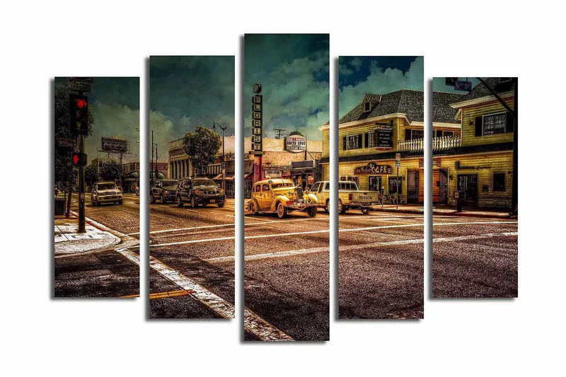 Stor Canvastavla i 5 delar 105x70 cm - Nostalgisk stadsbild med klassiska bilar och livlig gatubild - Gult / Brunt / Grått - Inredning - Tavlor & posters - Canvastavla