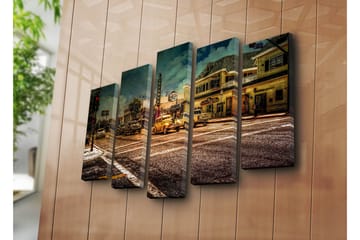Stor Canvastavla i 5 delar 105x70 cm - Nostalgisk stadsbild med klassiska bilar och livlig gatubild - Gult / Brunt / Grått - Inredning - Tavlor & posters - Canvastavla