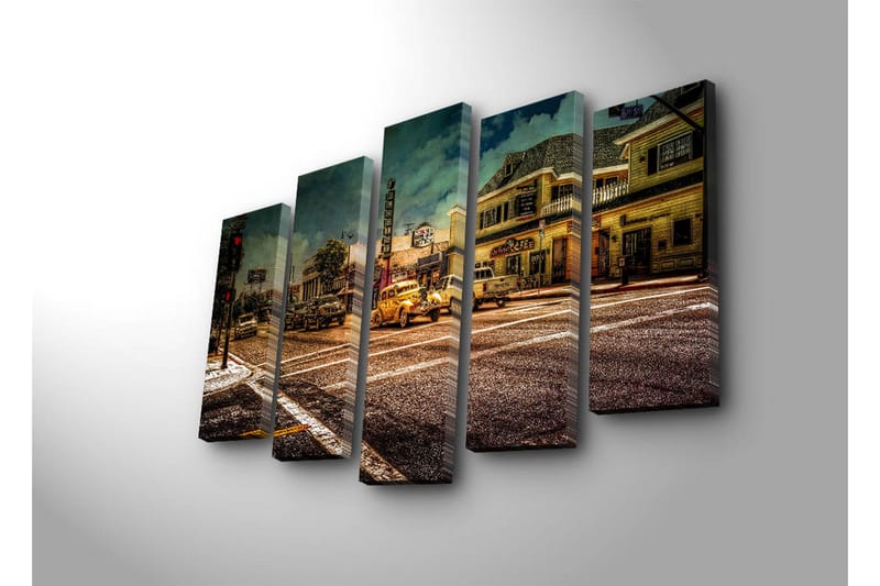 Stor Canvastavla i 5 delar 105x70 cm - Nostalgisk stadsbild med klassiska bilar och livlig gatubild - Gult / Brunt / Grått - Inredning - Tavlor & posters - Canvastavla