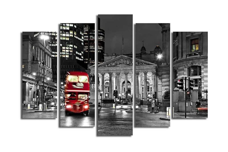 Stor Canvastavla i 5 delar 105x70 cm - Röd dubbeldäckare på en stadsgata i nattmiljö - Röd / Svart / Grå - Inredning - Tavlor & posters - Canvastavla