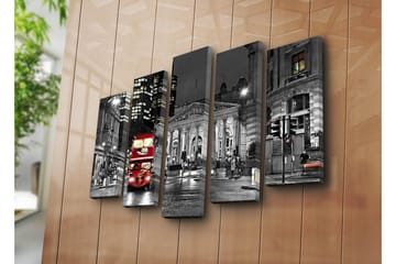 Stor Canvastavla i 5 delar 105x70 cm - Röd dubbeldäckare på en stadsgata i nattmiljö - Röd / Svart / Grå - Inredning - Tavlor & posters - Canvastavla