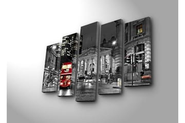 Stor Canvastavla i 5 delar 105x70 cm - Röd dubbeldäckare på en stadsgata i nattmiljö - Röd / Svart / Grå - Inredning - Tavlor & posters - Canvastavla