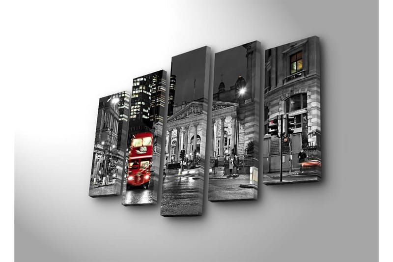 Stor Canvastavla i 5 delar 105x70 cm - Röd dubbeldäckare på en stadsgata i nattmiljö - Röd / Svart / Grå - Inredning - Tavlor & posters - Canvastavla