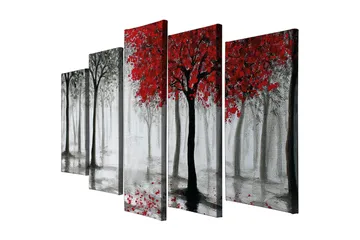 Stor Canvastavla i 5 delar 105x70 cm - Rödskiftande träd i en dimmig skogsmiljö - Röd / Svart / Grå - Inredning - Tavlor & posters - Canvastavla