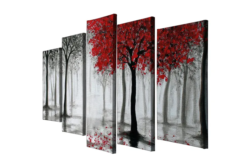 Stor Canvastavla i 5 delar 105x70 cm - Rödskiftande träd i en dimmig skogsmiljö - Röd / Svart / Grå - Inredning - Tavlor & posters - Canvastavla