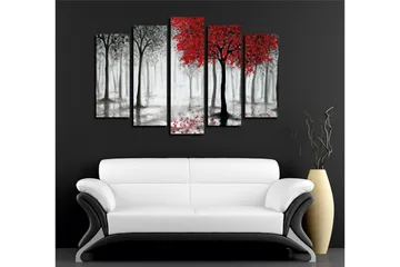 Stor Canvastavla i 5 delar 105x70 cm - Rödskiftande träd i en dimmig skogsmiljö - Röd / Svart / Grå - Inredning - Tavlor & posters - Canvastavla