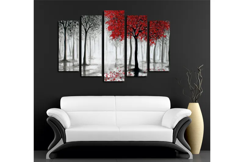 Stor Canvastavla i 5 delar 105x70 cm - Rödskiftande träd i en dimmig skogsmiljö - Röd / Svart / Grå - Inredning - Tavlor & posters - Canvastavla