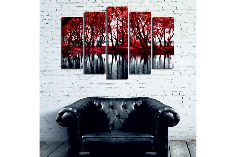 Stor Canvastavla i 5 delar 105x70 cm - Rödskiftande träd vid en spegelblanka sjö - Röd / Svart - Inredning - Tavlor & posters - Canvastavla