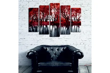 Stor Canvastavla i 5 delar 105x70 cm - Rödskiftande träd vid en spegelblanka sjö - Röd / Svart - Inredning - Tavlor & posters - Canvastavla