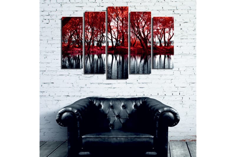 Stor Canvastavla i 5 delar 105x70 cm - Rödskiftande träd vid en spegelblanka sjö - Röd / Svart - Inredning - Tavlor & posters - Canvastavla