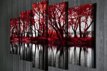 Stor Canvastavla i 5 delar 105x70 cm - Rödskiftande träd vid en spegelblanka sjö - Röd / Svart - Inredning - Tavlor & posters - Canvastavla