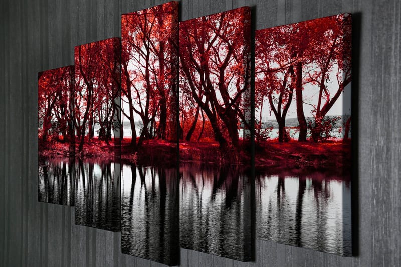 Stor Canvastavla i 5 delar 105x70 cm - Rödskiftande träd vid en spegelblanka sjö - Röd / Svart - Inredning - Tavlor & posters - Canvastavla