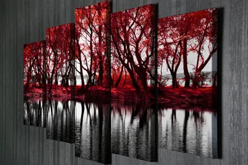 Stor Canvastavla i 5 delar 105x70 cm - Rödskiftande träd vid en spegelblanka sjö - Röd / Svart - Inredning - Tavlor & posters - Canvastavla