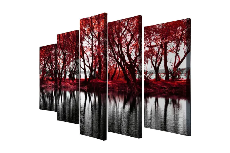 Stor Canvastavla i 5 delar 105x70 cm - Rödskiftande träd vid en spegelblanka sjö, Röd / Svart
