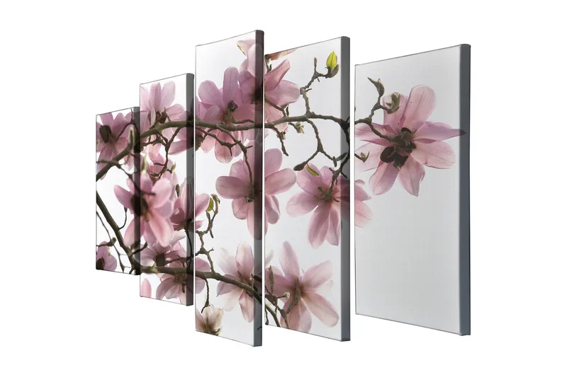 Stor Canvastavla i 5 delar 105x70 cm - Rosa magnoliablommor på grenar - Rosa / Grön / Brun - Inredning - Tavlor & posters - Canvastavla