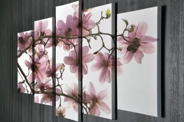 Stor Canvastavla i 5 delar 105x70 cm - Rosa magnoliablommor på grenar - Rosa / Grön / Brun - Inredning - Tavlor & posters - Canvastavla