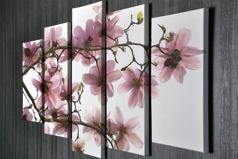 Stor Canvastavla i 5 delar 105x70 cm - Rosa magnoliablommor på grenar - Rosa / Grön / Brun - Inredning - Tavlor & posters - Canvastavla