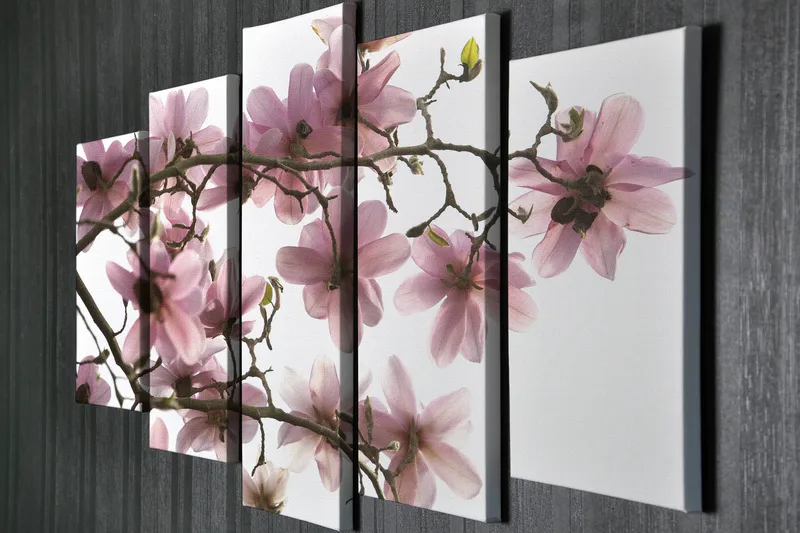 Stor Canvastavla i 5 delar 105x70 cm - Rosa magnoliablommor på grenar - Rosa / Grön / Brun - Inredning - Tavlor & posters - Canvastavla