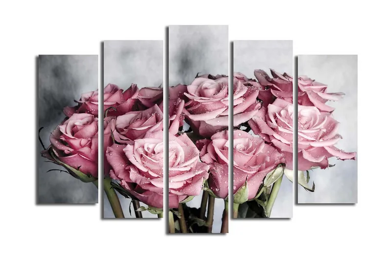 Stor Canvastavla i 5 delar 105x70 cm - Rosa rosor med droppar av vatten - Rosa / Grön / Vit - Inredning - Tavlor & posters - Canvastavla