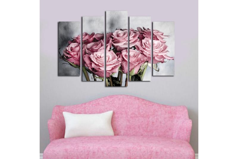 Stor Canvastavla i 5 delar 105x70 cm - Rosa rosor med droppar av vatten - Rosa / Grön / Vit - Inredning - Tavlor & posters - Canvastavla
