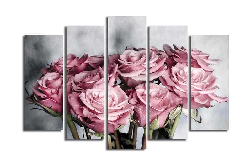 Stor Canvastavla i 5 delar 105x70 cm - Rosa rosor med droppar av vatten - Rosa / Grön / Vit - Inredning - Tavlor & posters - Canvastavla