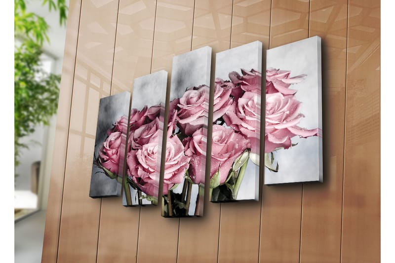 Stor Canvastavla i 5 delar 105x70 cm - Rosa rosor med droppar av vatten - Rosa / Grön / Vit - Inredning - Tavlor & posters - Canvastavla