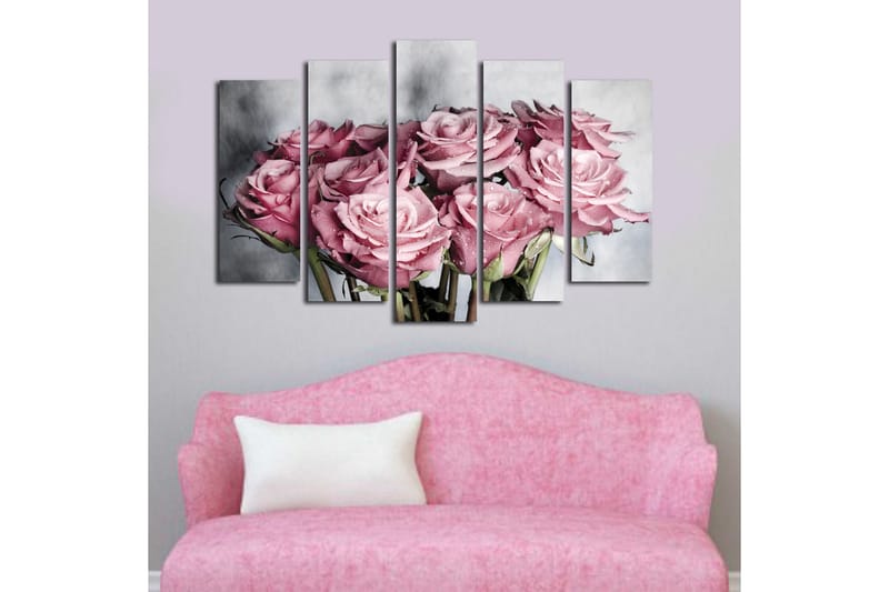 Stor Canvastavla i 5 delar 105x70 cm - Rosa rosor med droppar av vatten - Rosa / Grön / Vit - Inredning - Tavlor & posters - Canvastavla