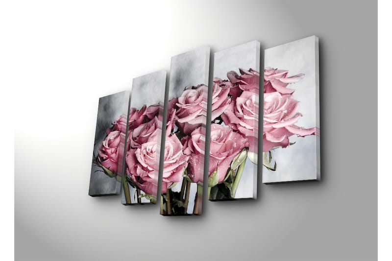 Stor Canvastavla i 5 delar 105x70 cm - Rosa rosor med droppar av vatten - Rosa / Grön / Vit - Inredning - Tavlor & posters - Canvastavla