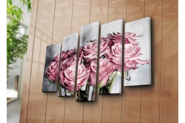 Stor Canvastavla i 5 delar 105x70 cm - Rosa rosor med droppar av vatten - Rosa / Grön / Vit - Inredning - Tavlor & posters - Canvastavla