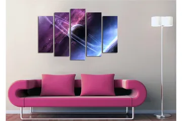 Stor Canvastavla i 5 delar 105x70 cm - Rymdlandskap med en planet och ringar i en stjärnspäckad himmel - Lila / Blå / Svart - Inredning - Tavlor & posters - Canvastavla