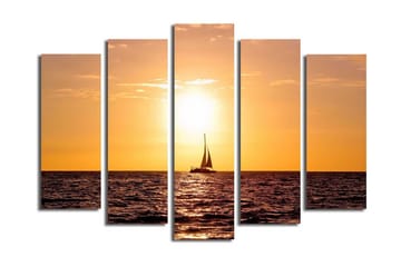 Stor Canvastavla i 5 delar 105x70 cm - Segelbåt i solnedgång över havet - Orange / Guld / Mörkblå - Inredning - Tavlor & posters - Canvastavla