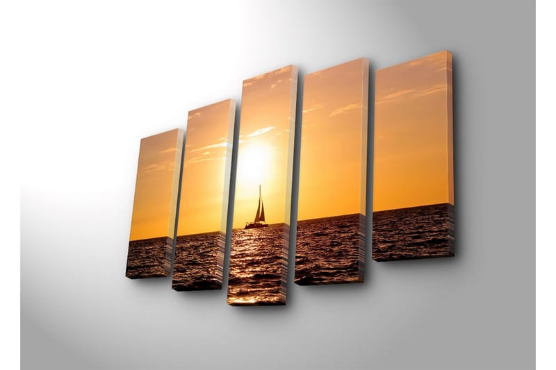 Stor Canvastavla i 5 delar 105x70 cm - Segelbåt i solnedgång över havet - Orange / Guld / Mörkblå - Inredning - Tavlor & posters - Canvastavla