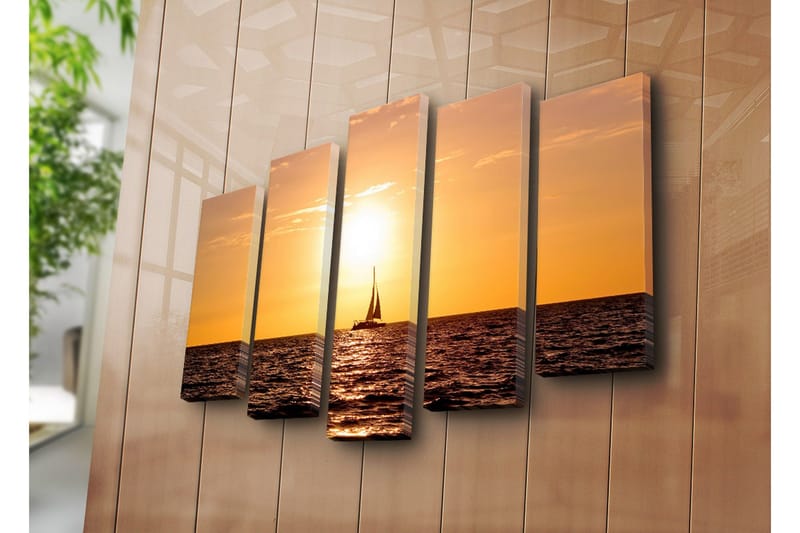Stor Canvastavla i 5 delar 105x70 cm - Segelbåt i solnedgång över havet - Orange / Guld / Mörkblå - Inredning - Tavlor & posters - Canvastavla