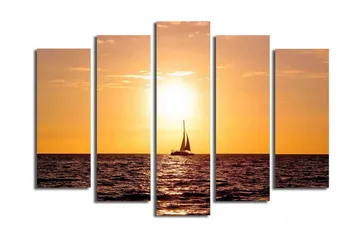 Stor Canvastavla i 5 delar 105x70 cm - Segelbåt i solnedgång över havet - Orange / Guld / Mörkblå - Inredning - Tavlor & posters - Canvastavla